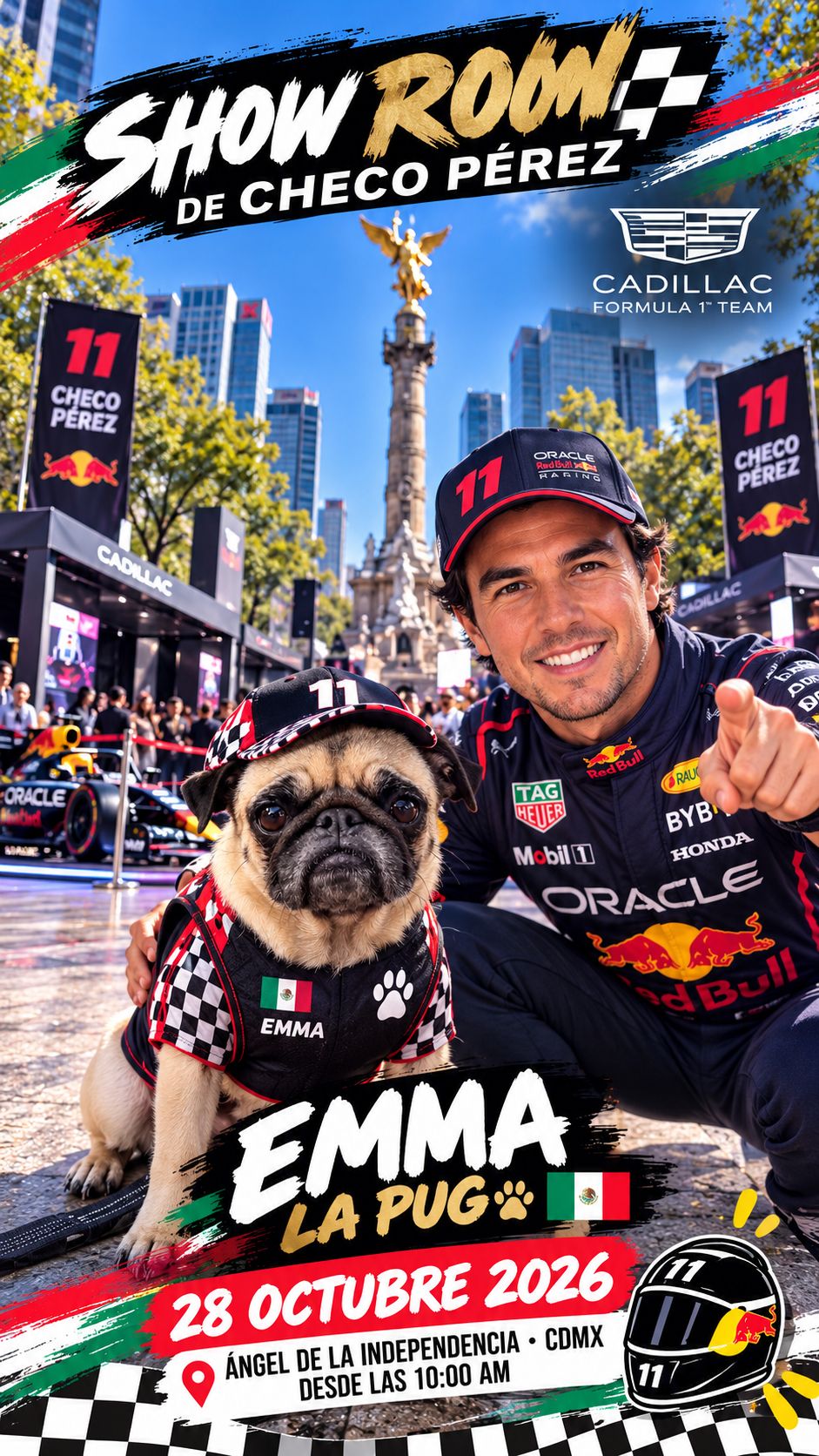 Póster del Show Room de Checo Pérez con Emma la Pug vestida de piloto frente al Ángel de la Independencia
