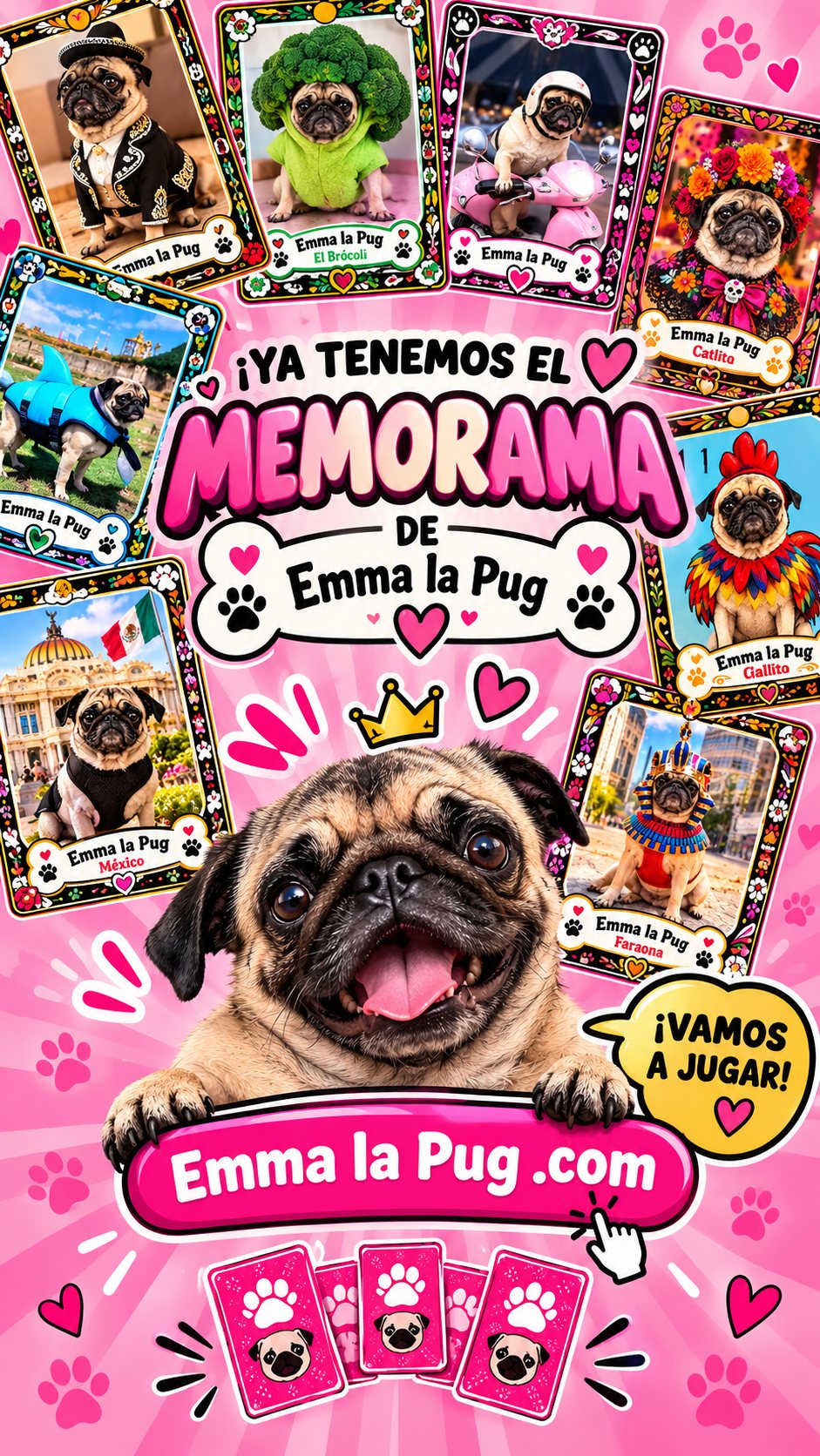 Emma la Pug sonriendo entre cartas del memorama con el título ¡Ya tenemos el Memorama de Emma la Pug! y el botón Emma la Pug .com